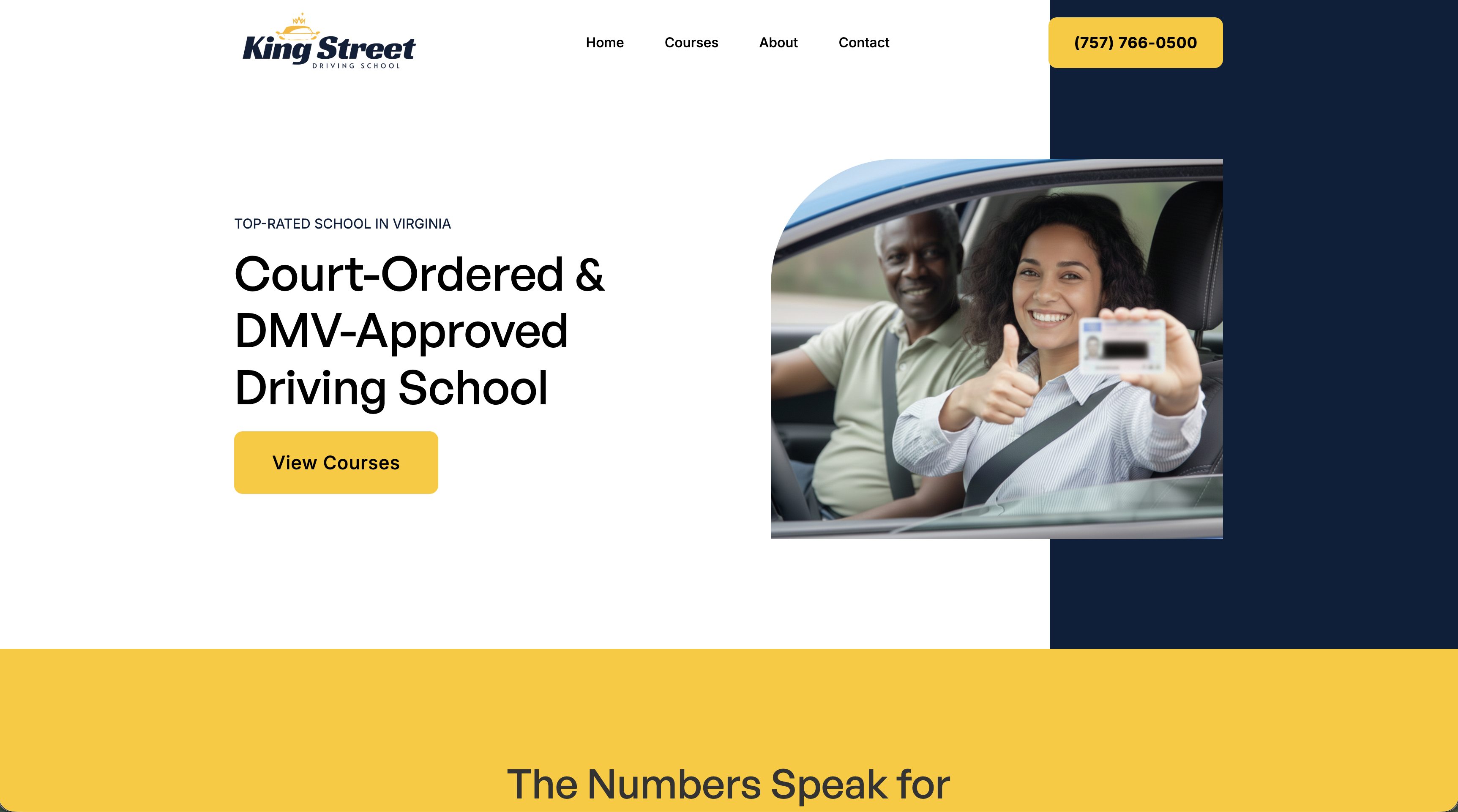 King Street Driving School homepage with two clear actions and yellow buttons